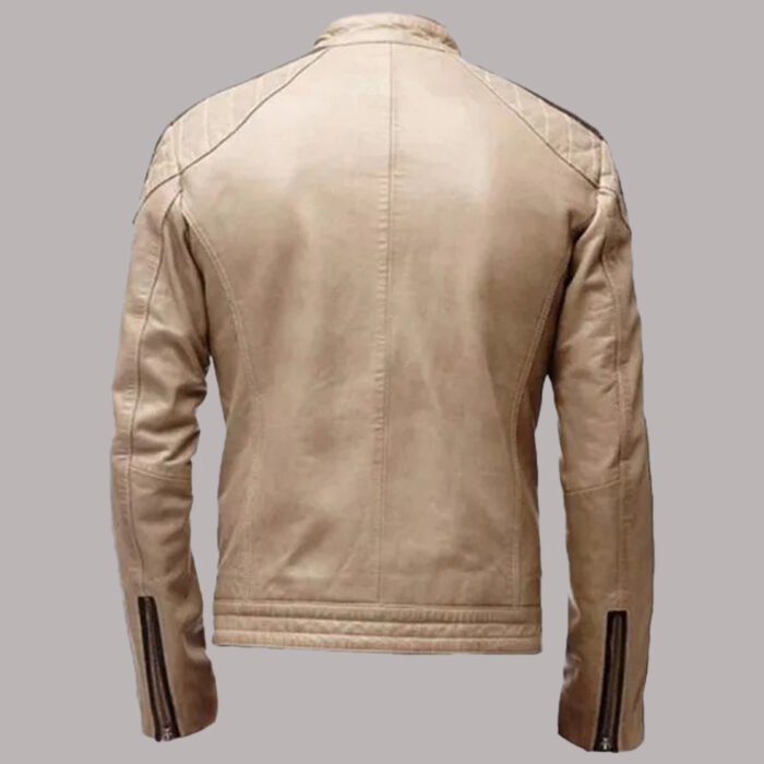 Back view of beige leather jacket