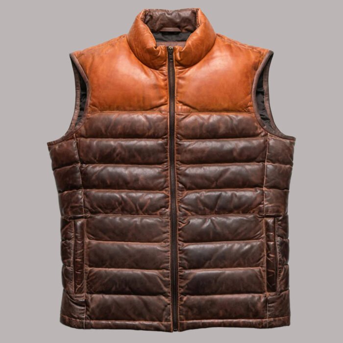 Front View of Leather Puffer Jacket