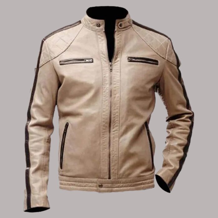 Front view of beige leather jacket