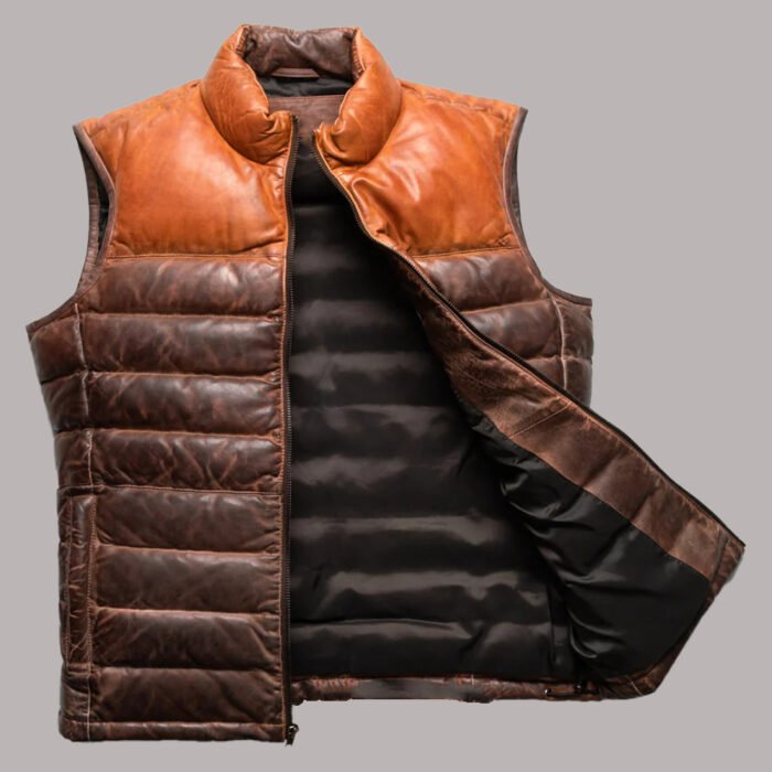 Front View of Leather Puffer Jacket