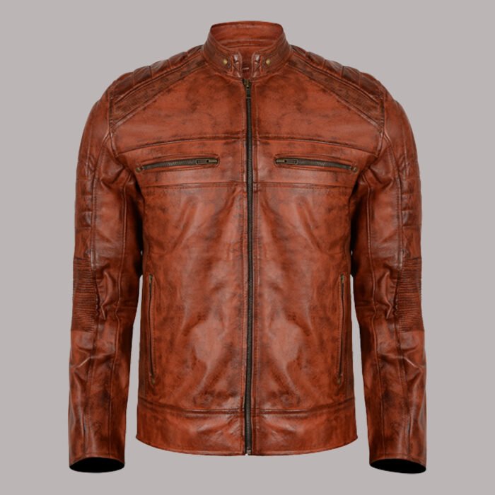 Front View of Men Distressed Brown Leather Jacket