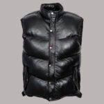 Front view of Black Leather Puffer Vest