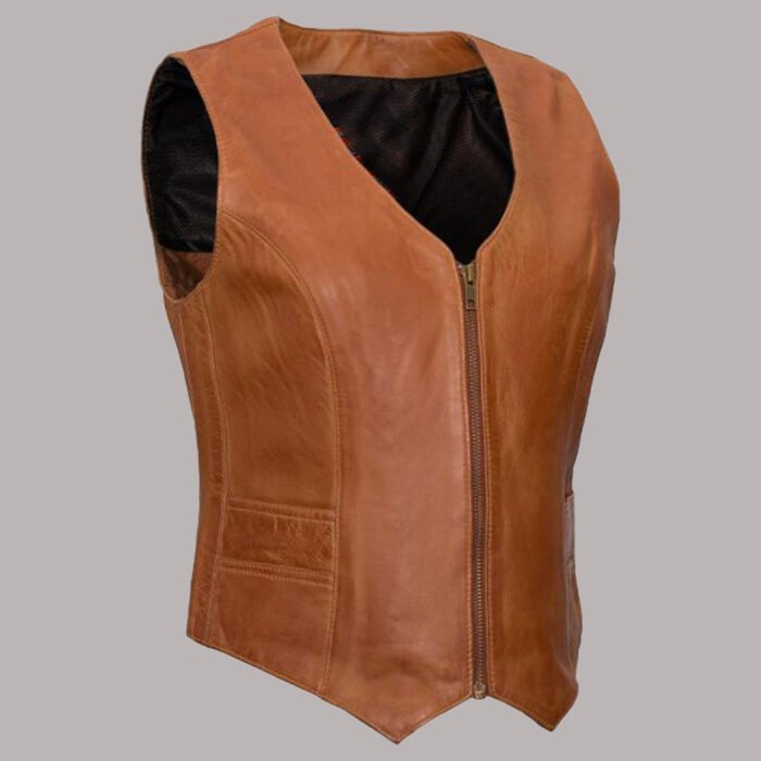 Front View of Brown Leather Vest Womens