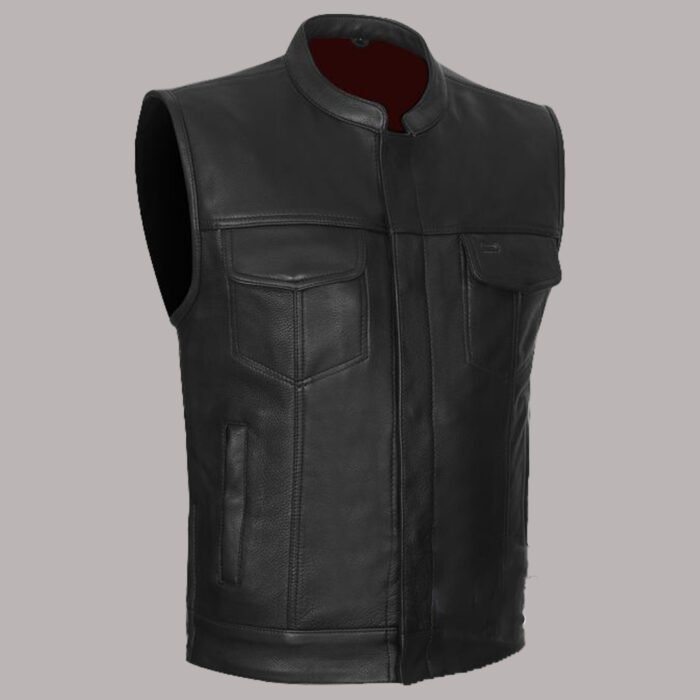 Front View of leather biker vest with gun pockets