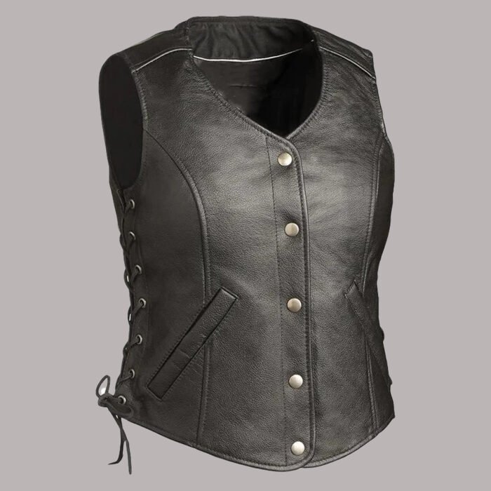 Front view womens black leather vest