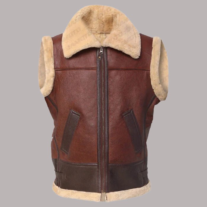 Front view of leather shearling vest