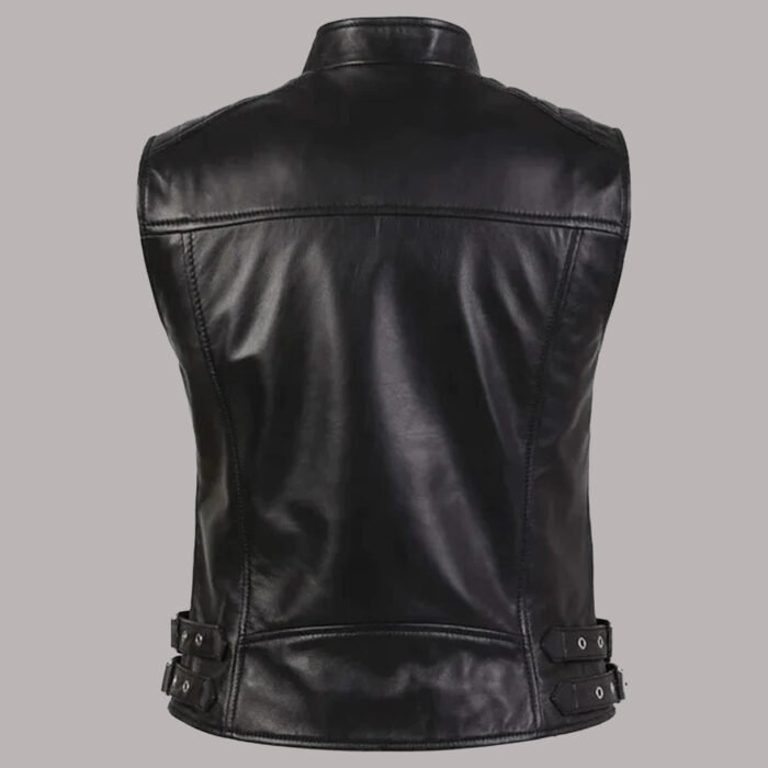 Back view of womens black leather vest