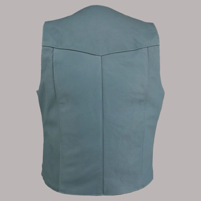 Back View of blue leather motorcycle vest