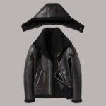 Front View Of Black Leather Jacket With Hood