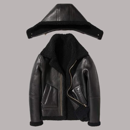Front View Of Black Leather Jacket With Hood