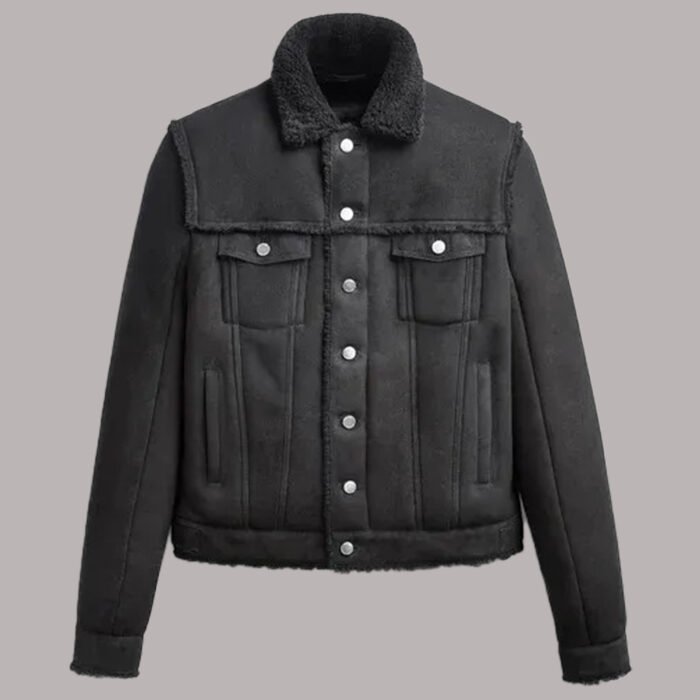 Front View Of Black Leather Shearling Jacket