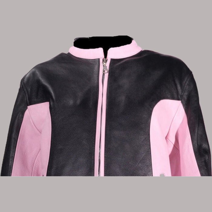 Front View of Black And Pink Leather Jacket