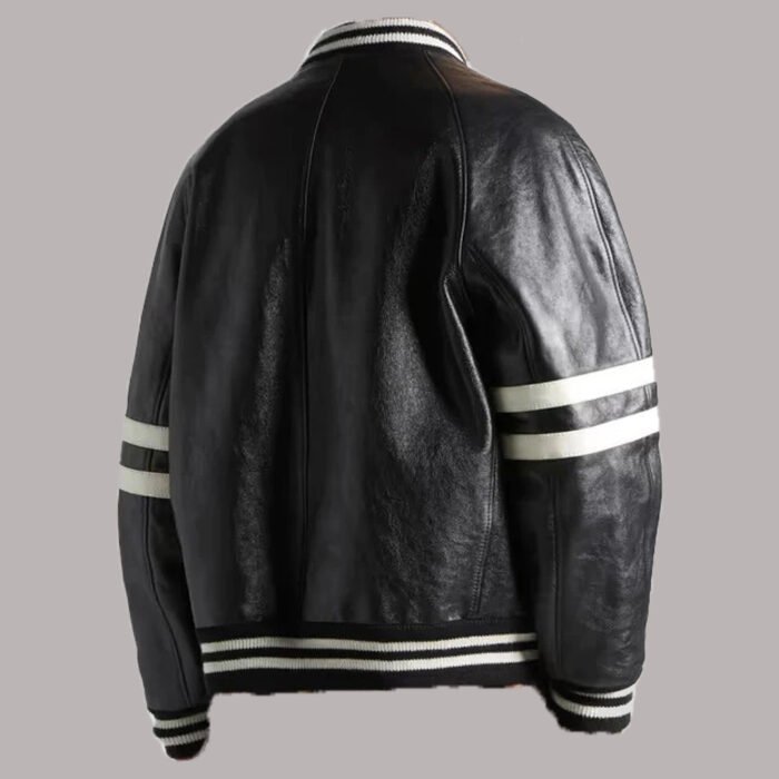 Back View Of of Leather Jacket With White Stripes