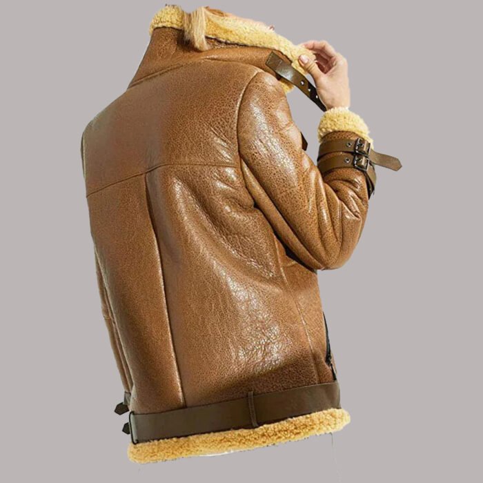 Side View Of Womens Leather Shearling Bomber Jacket