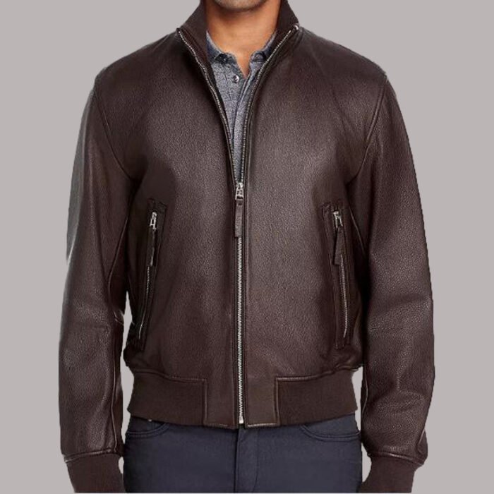 brown leather bomber jacket