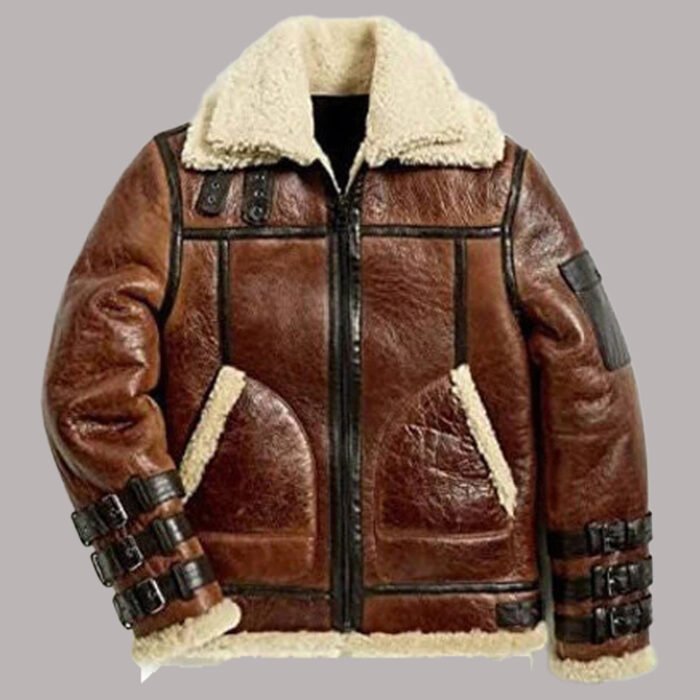 Front Of Brown Leather Shearling Jacket