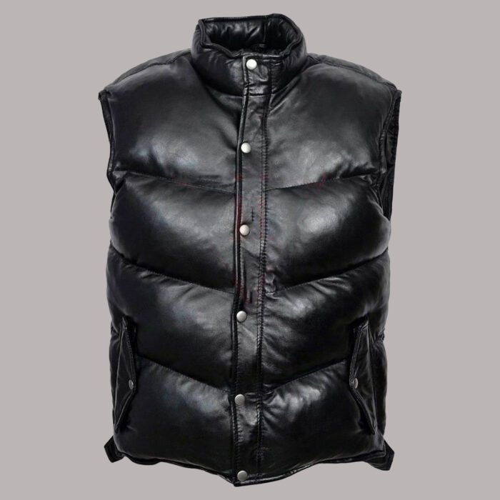 Front view of Black Leather Puffer Vest