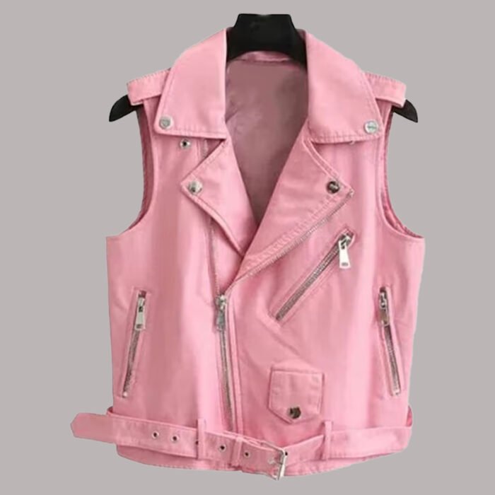 front view of pink leather vest