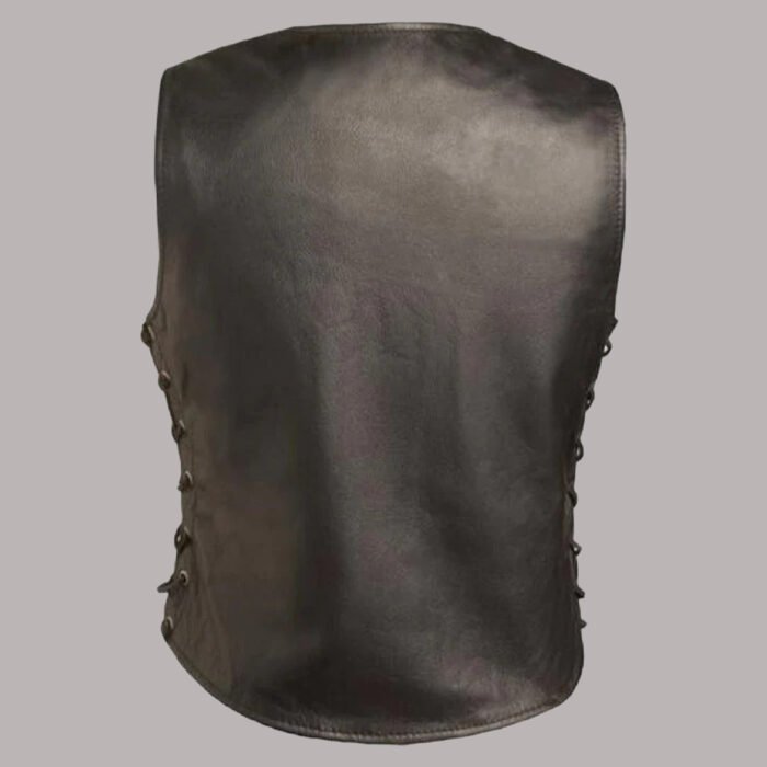 Back view of womens black leather vest