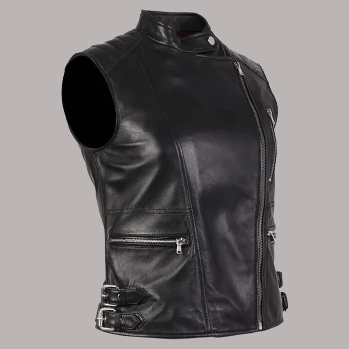 Front view of womens black leather vest