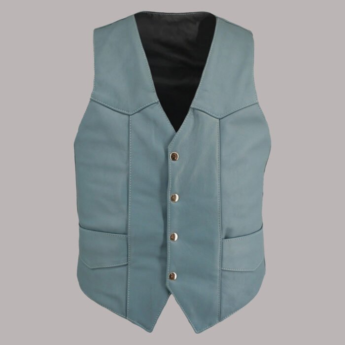 Front View of blue leather motorcycle vest