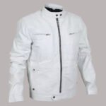 Front view of Mens White Leather Bomber Jacket