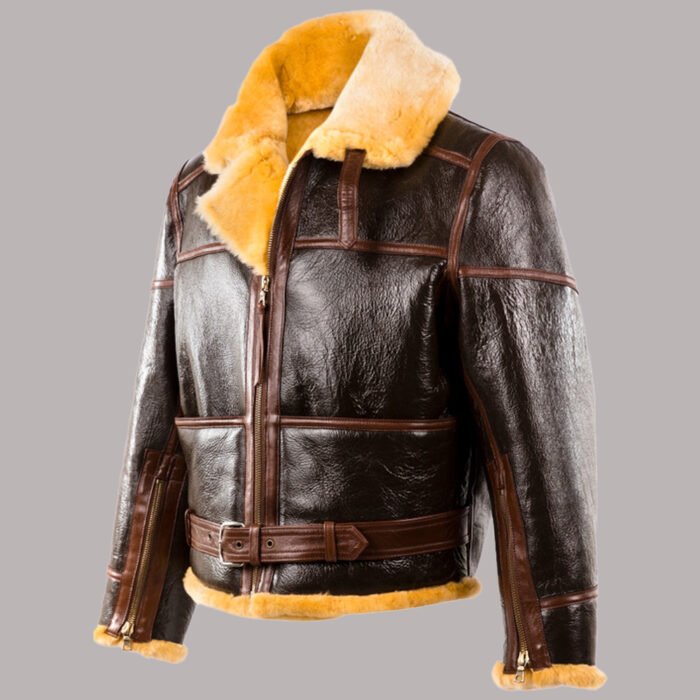 Side View of shearling bomber jacket womens