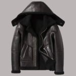 Front View Of Black Leather Jacket With Hood