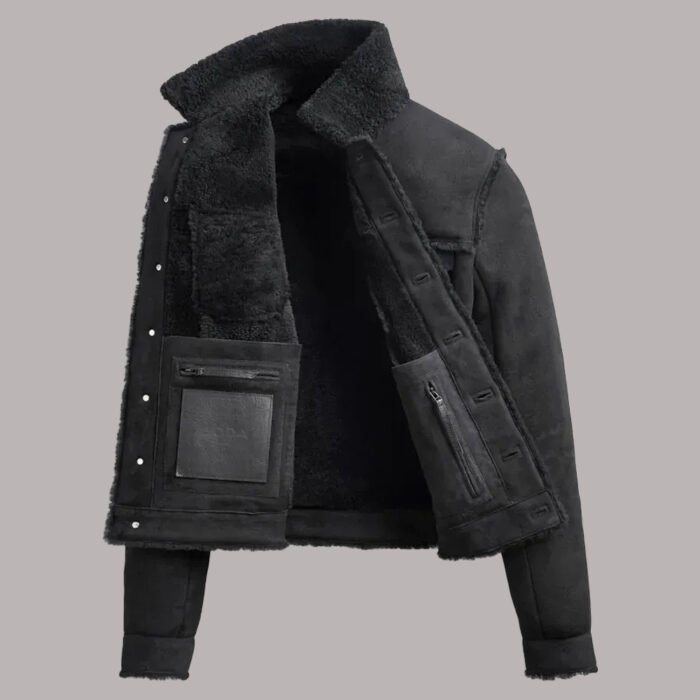 Inner View Of Black Leather Shearling Jacket