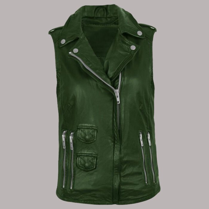 Front view of green leather vest