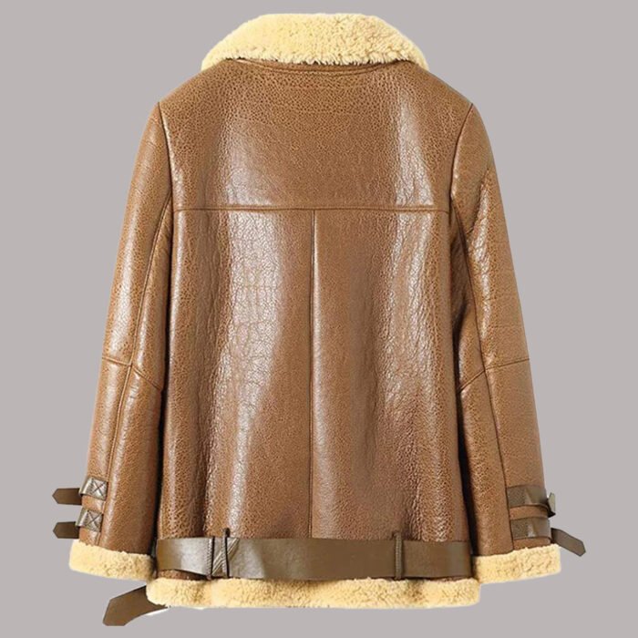 Back View Of Womens Leather Shearling Bomber Jacket