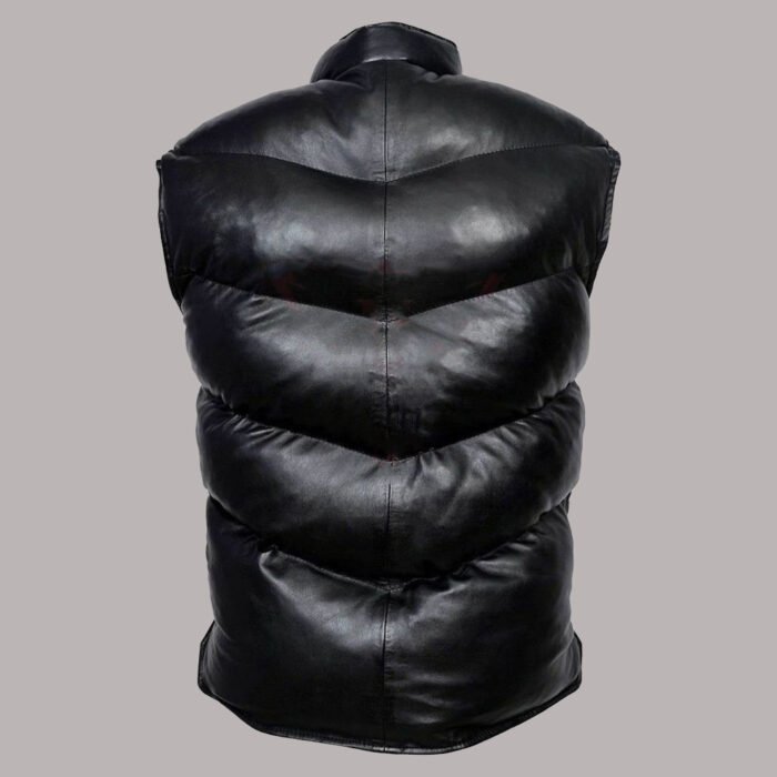 Back view of Black Leather Puffer Vest