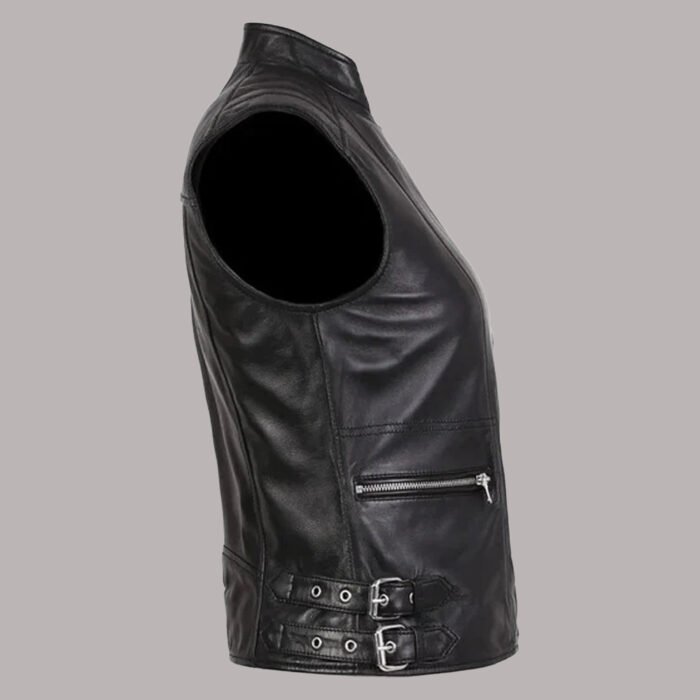 Side view of womens black leather vest