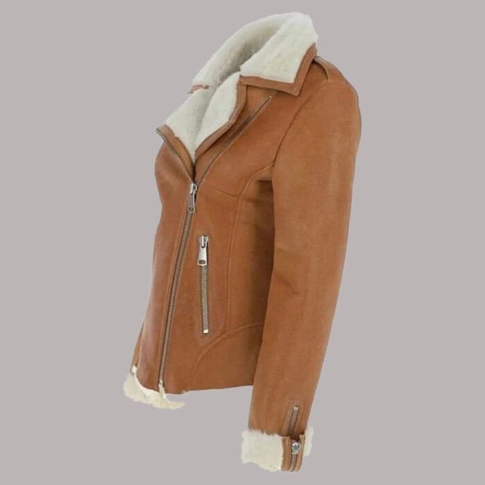 Side View Of Womens Brown Leather Jacket