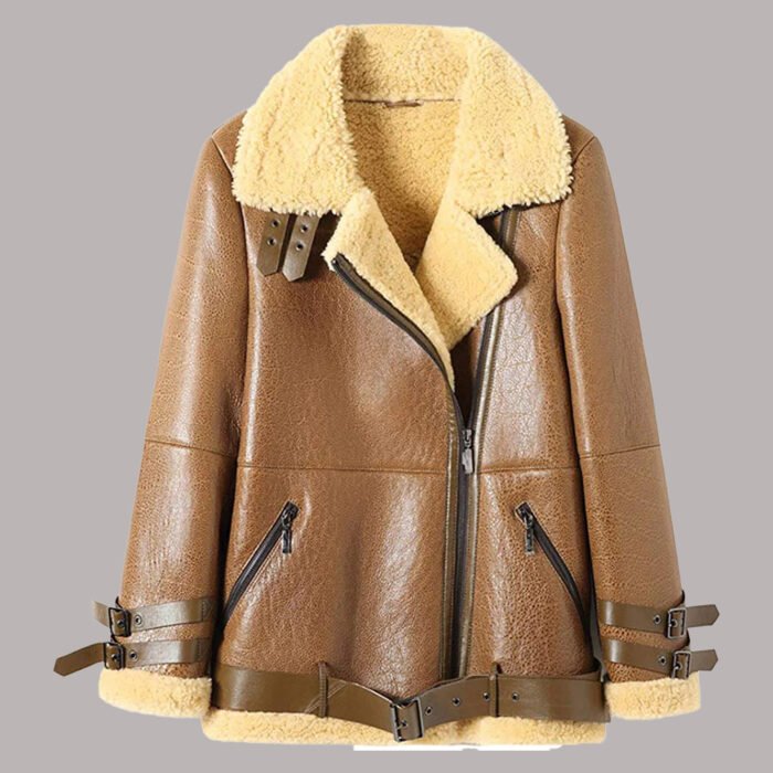 Front View Of Womens Leather Shearling Bomber Jacket