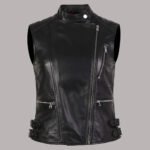 Front view of womens black leather vest
