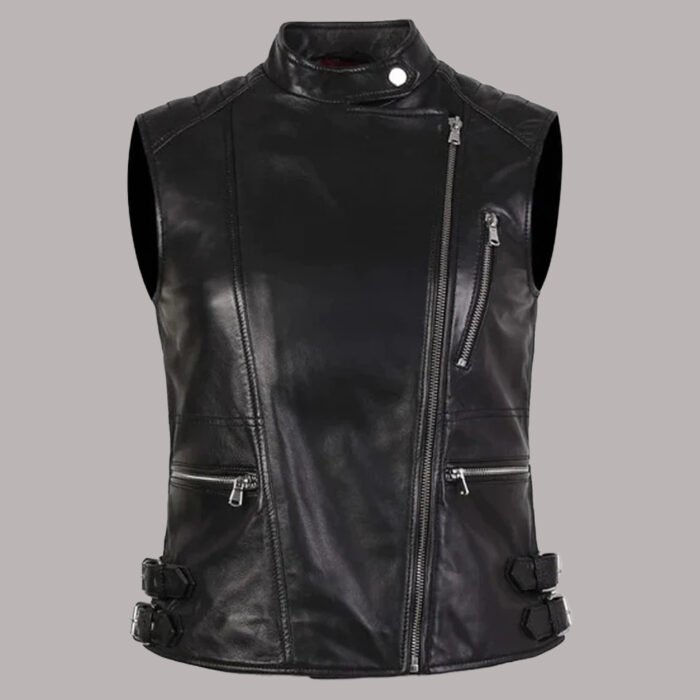 Front view of womens black leather vest