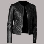 Front View of womens black leather jacket outfit
