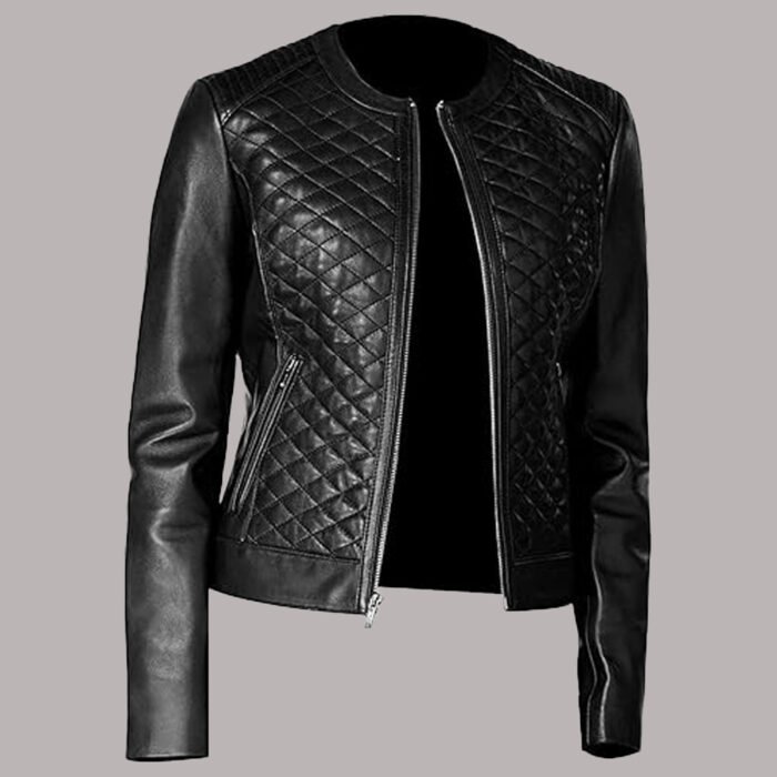 Front View of womens black leather jacket outfit