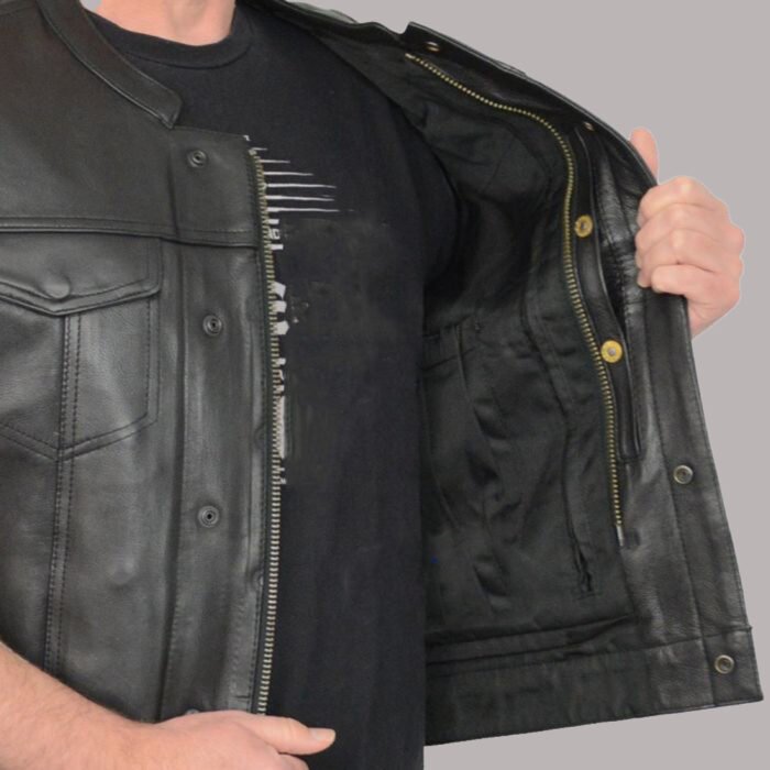 Front View of leather biker vest with gun pockets