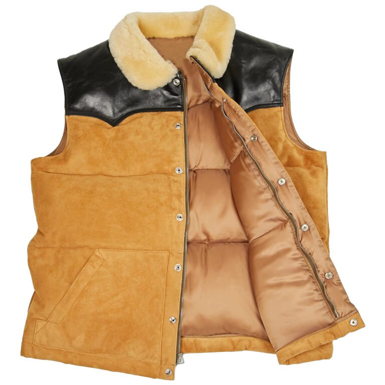 Front View Of Brown Leather Puffer Vest