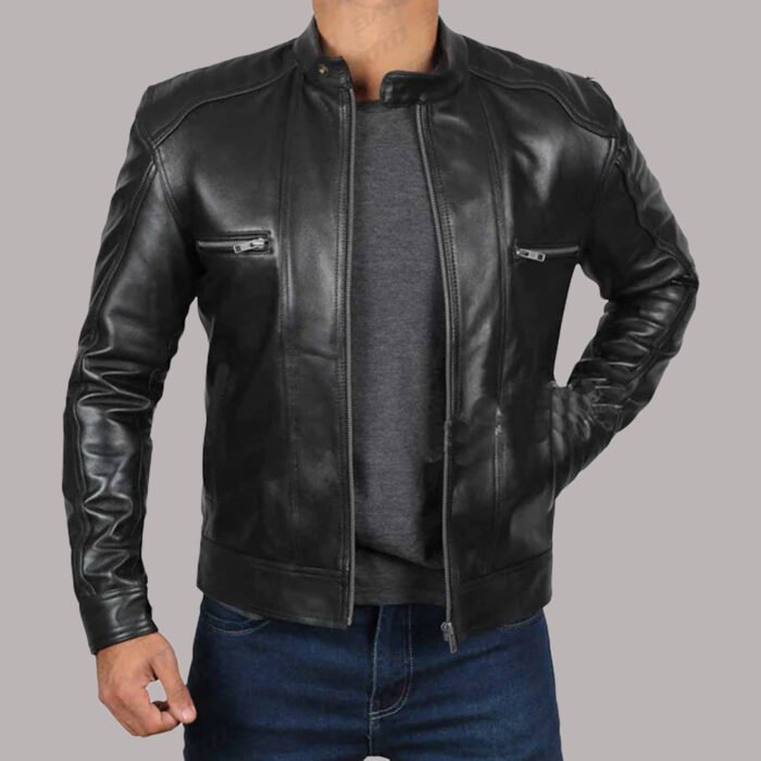 Front View of Cafe Racer Black Leather Jacket