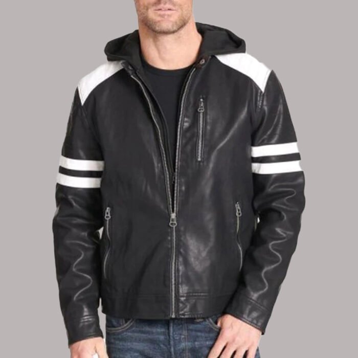 Front View OF Leather Motorcycle Jacket With Hoodie