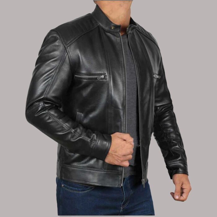 Side View of Cafe Racer Black Leather Jacket