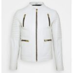 Front View of White Leather Biker Jacket Mens