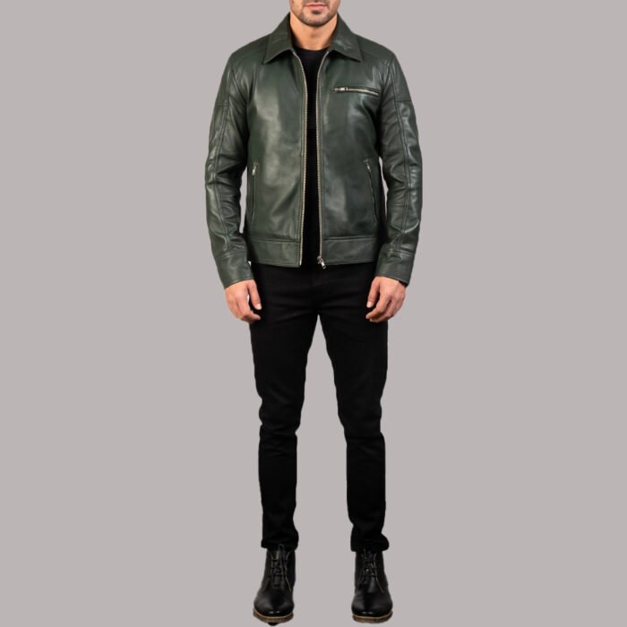 Front View OF Olive Green Leather Biker Jacket