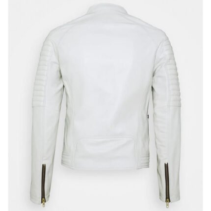 Back View of White Leather Biker Jacket Mens