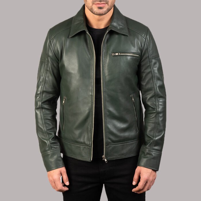 Front View OF Olive Green Leather Biker Jacket