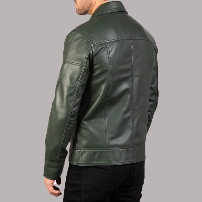 Back View OF Olive Green Leather Biker Jacket