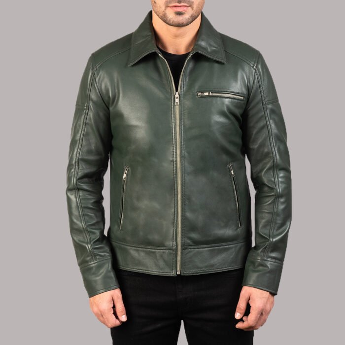 Front View OF Olive Green Leather Biker Jacket